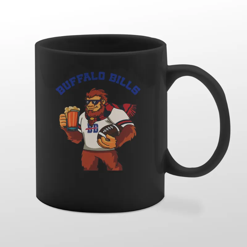 Black mug with Bills Bigfoot graphic