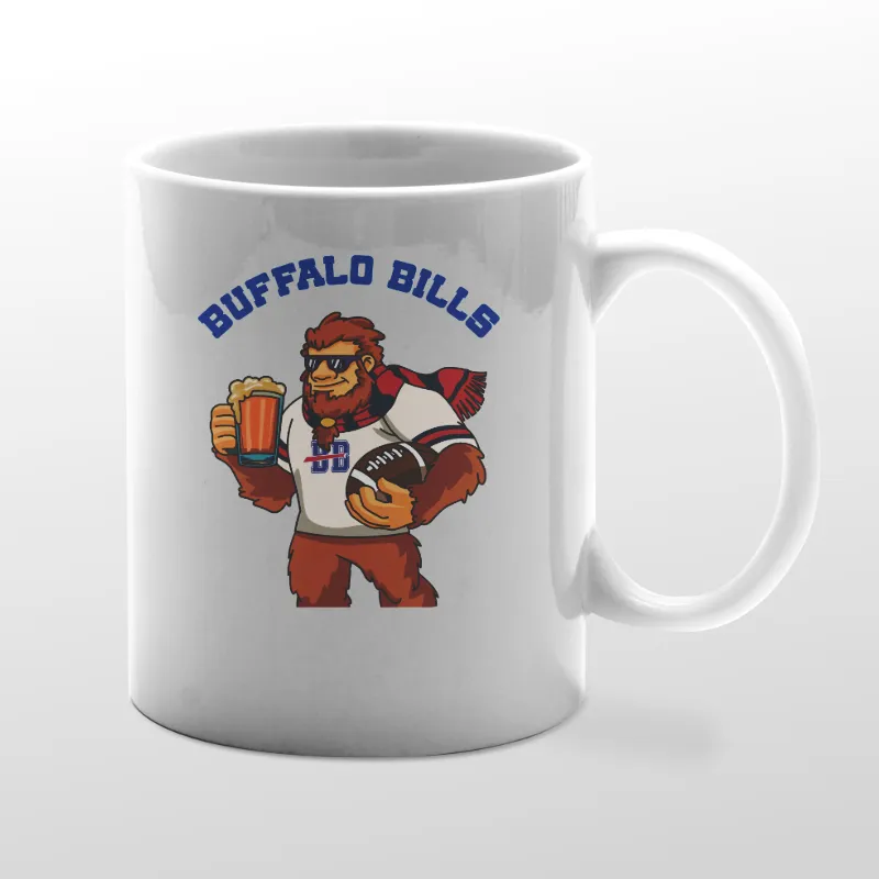 White mug with Bills Bigfoot graphic