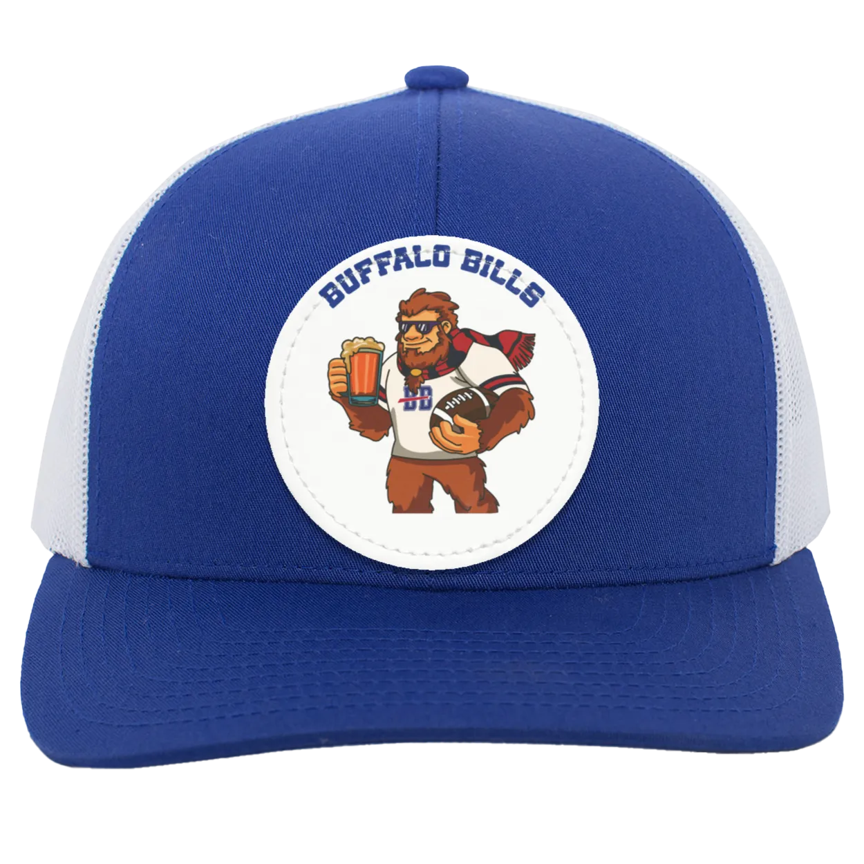Buffalo Bills blue and white trucker snap-back Sasquatch Sunday graphic vegan patch