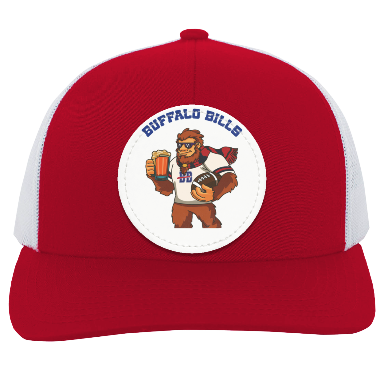 Buffalo Bills red and white trucker snap-back Sasquatch Sunday graphic vegan patch