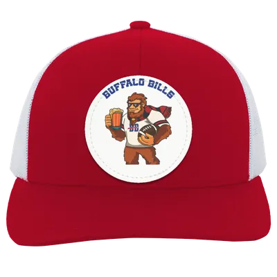 Buffalo Bills red and white trucker snap-back Sasquatch Sunday graphic vegan patch