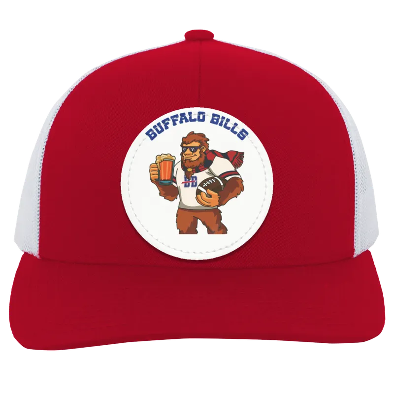 Buffalo Bills red and white trucker snap-back Sasquatch Sunday graphic vegan patch