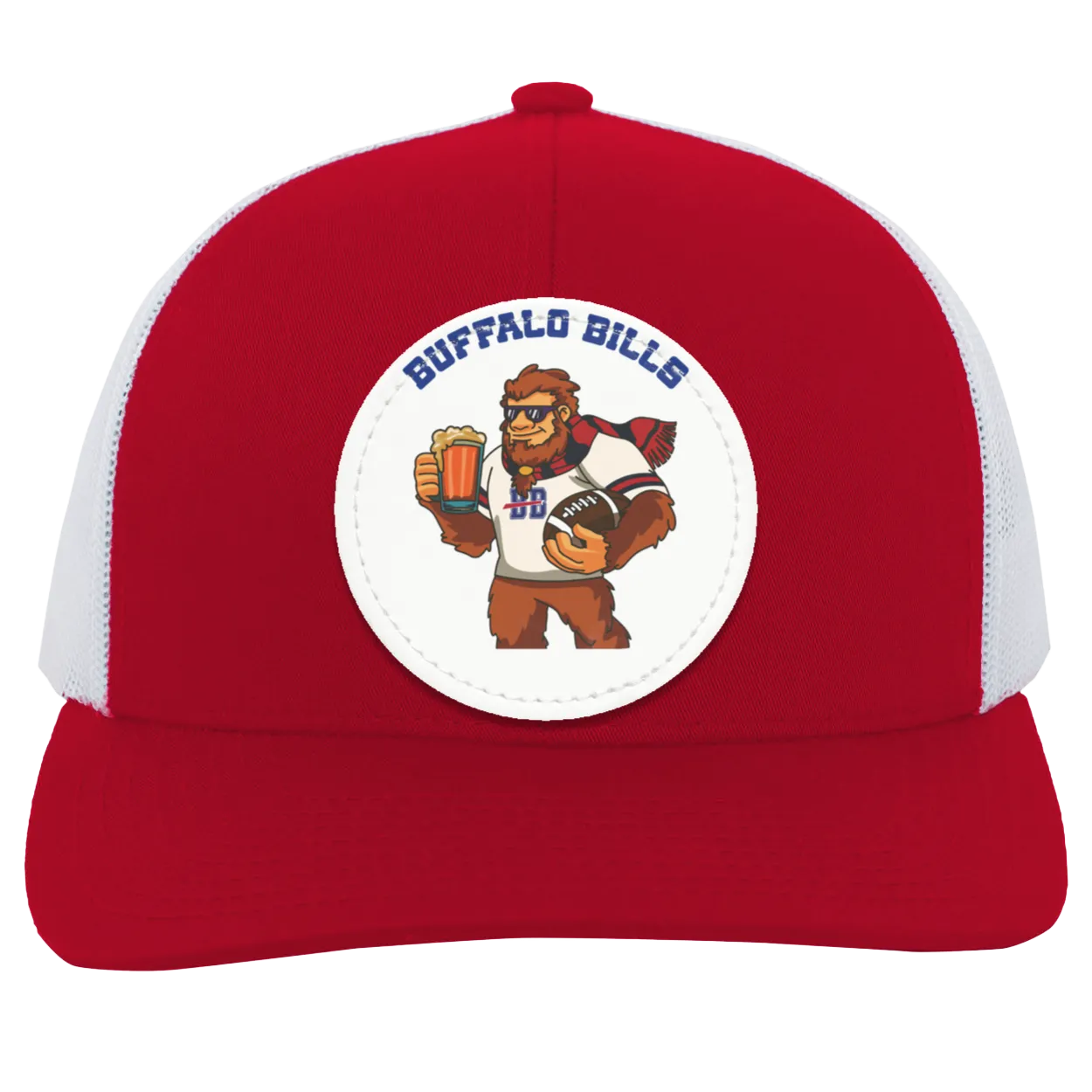 Buffalo Bills red and white trucker snap-back Sasquatch Sunday graphic vegan patch