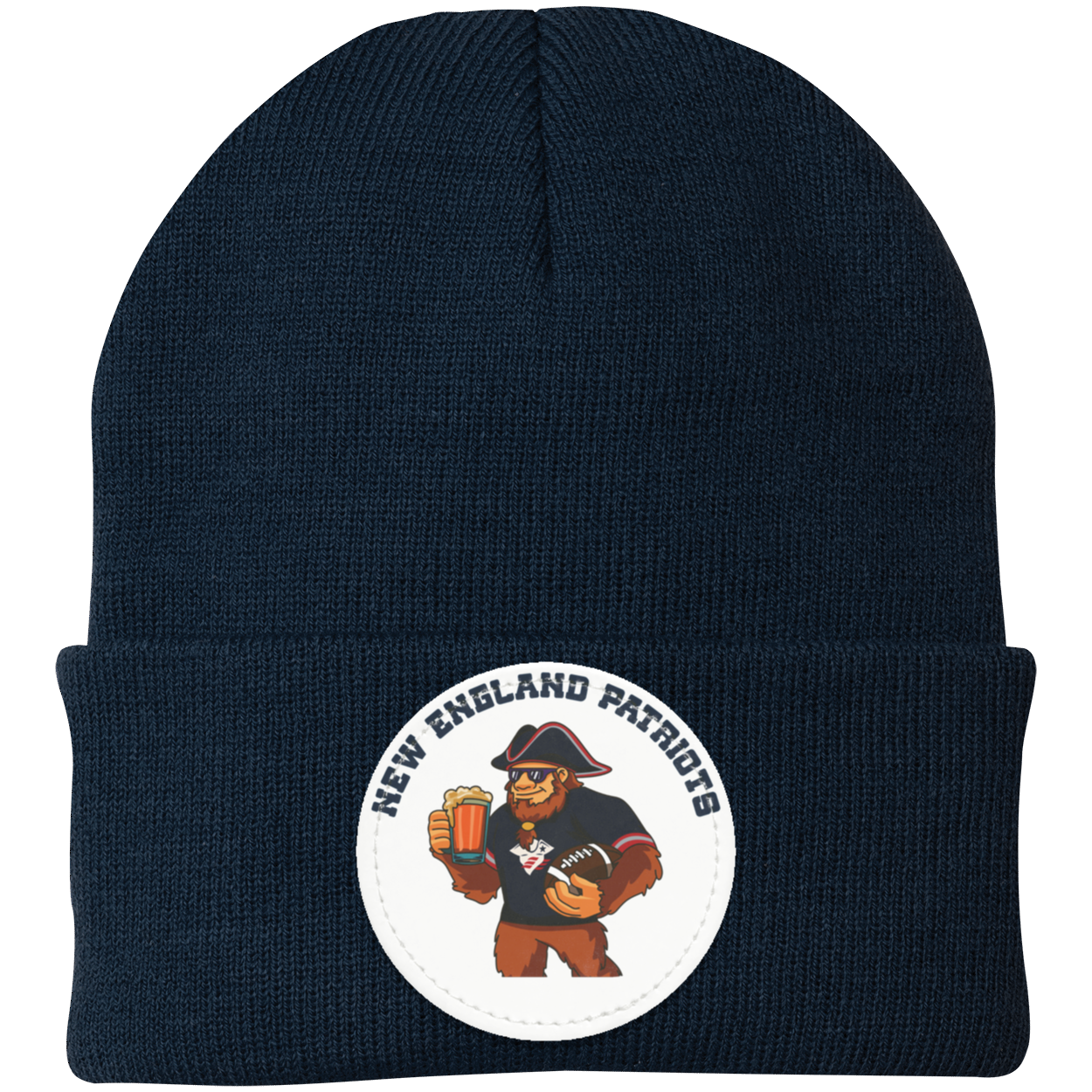 New England Patriots blue knit beanie Sasquatch Sunday graphic