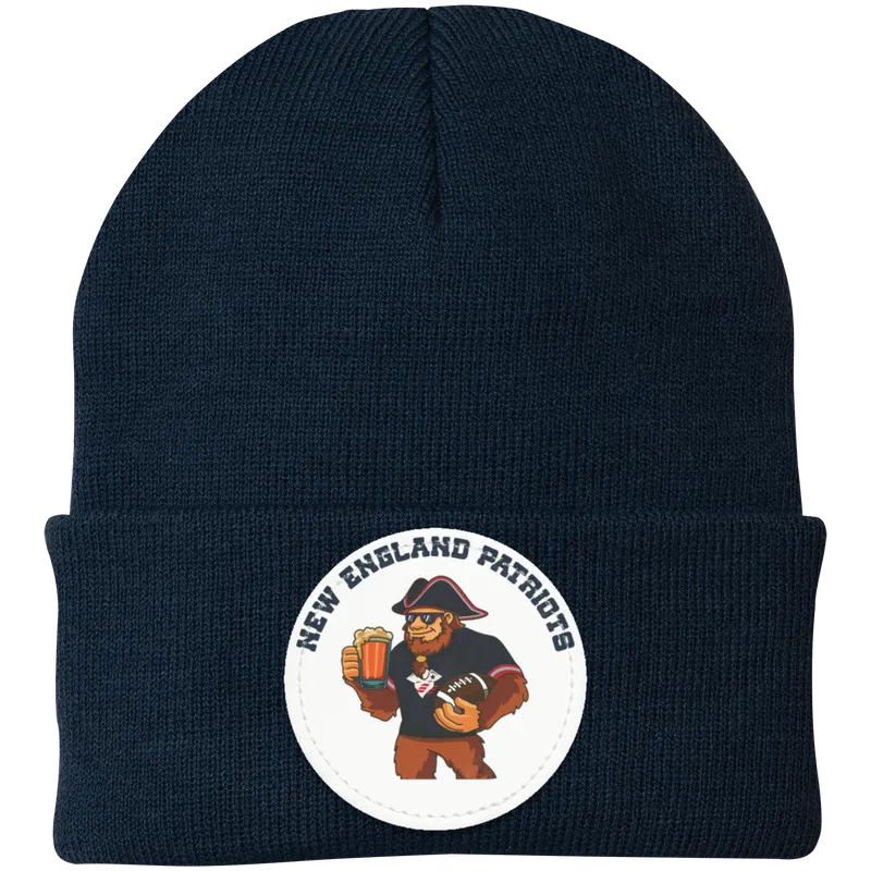 New England Patriots blue knit beanie Sasquatch Sunday graphic