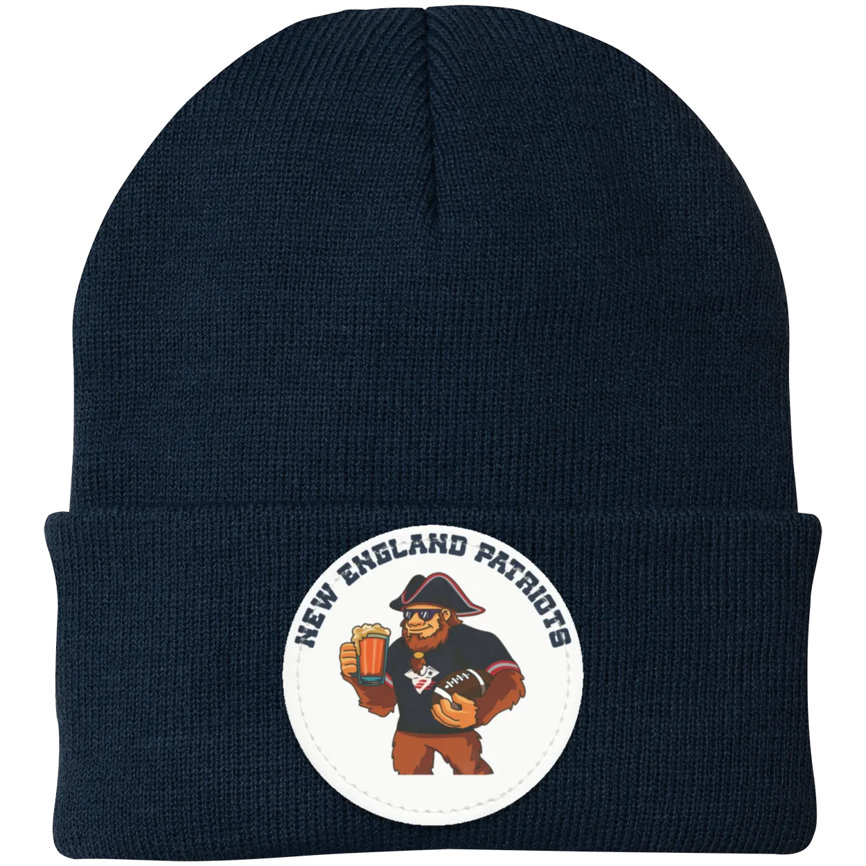 New England Patriots blue knit beanie Sasquatch Sunday graphic
