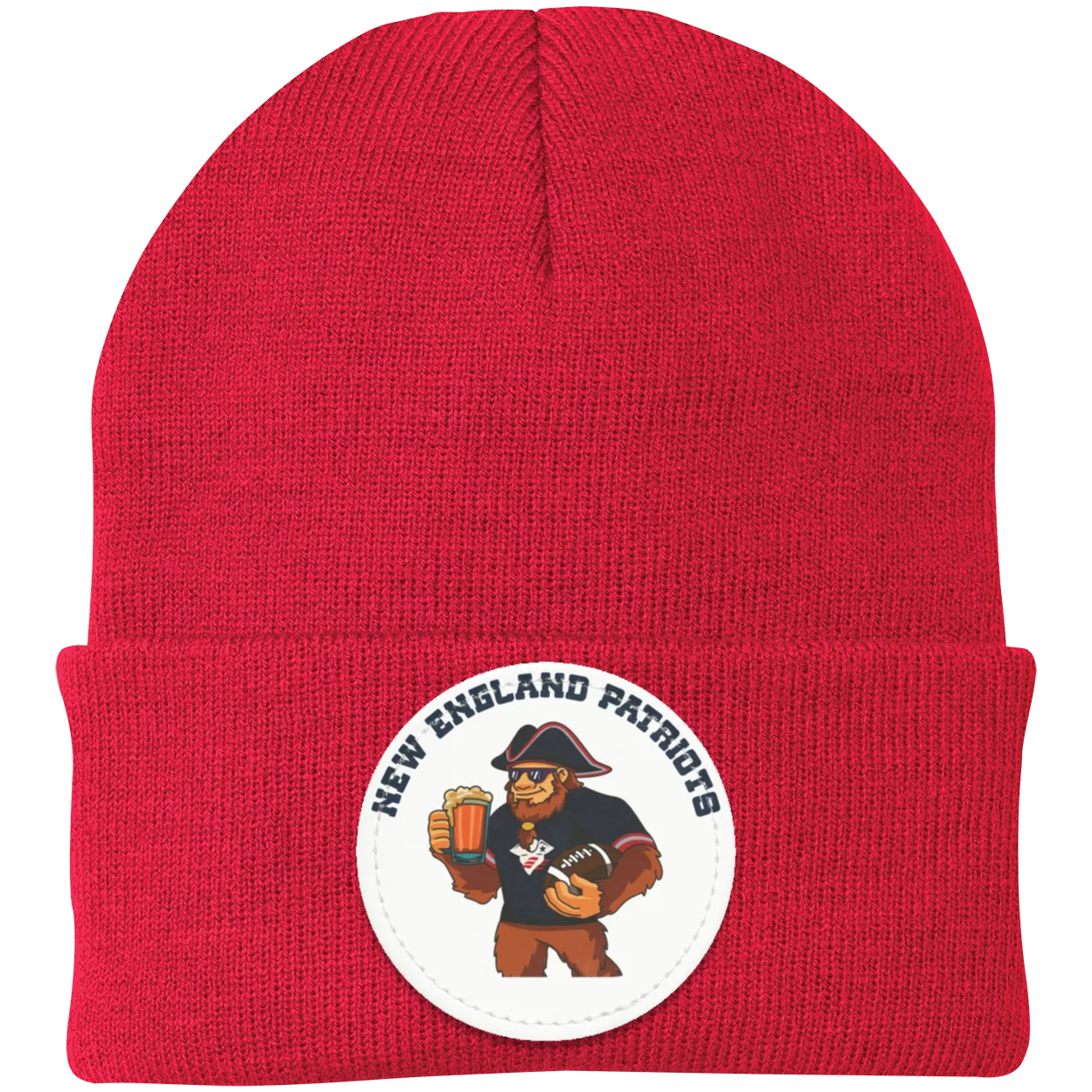 New England Patriots red knit beanie Sasquatch Sunday graphic