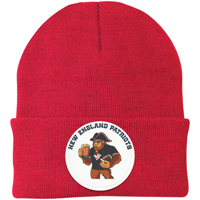 New England Patriots red knit beanie Sasquatch Sunday graphic