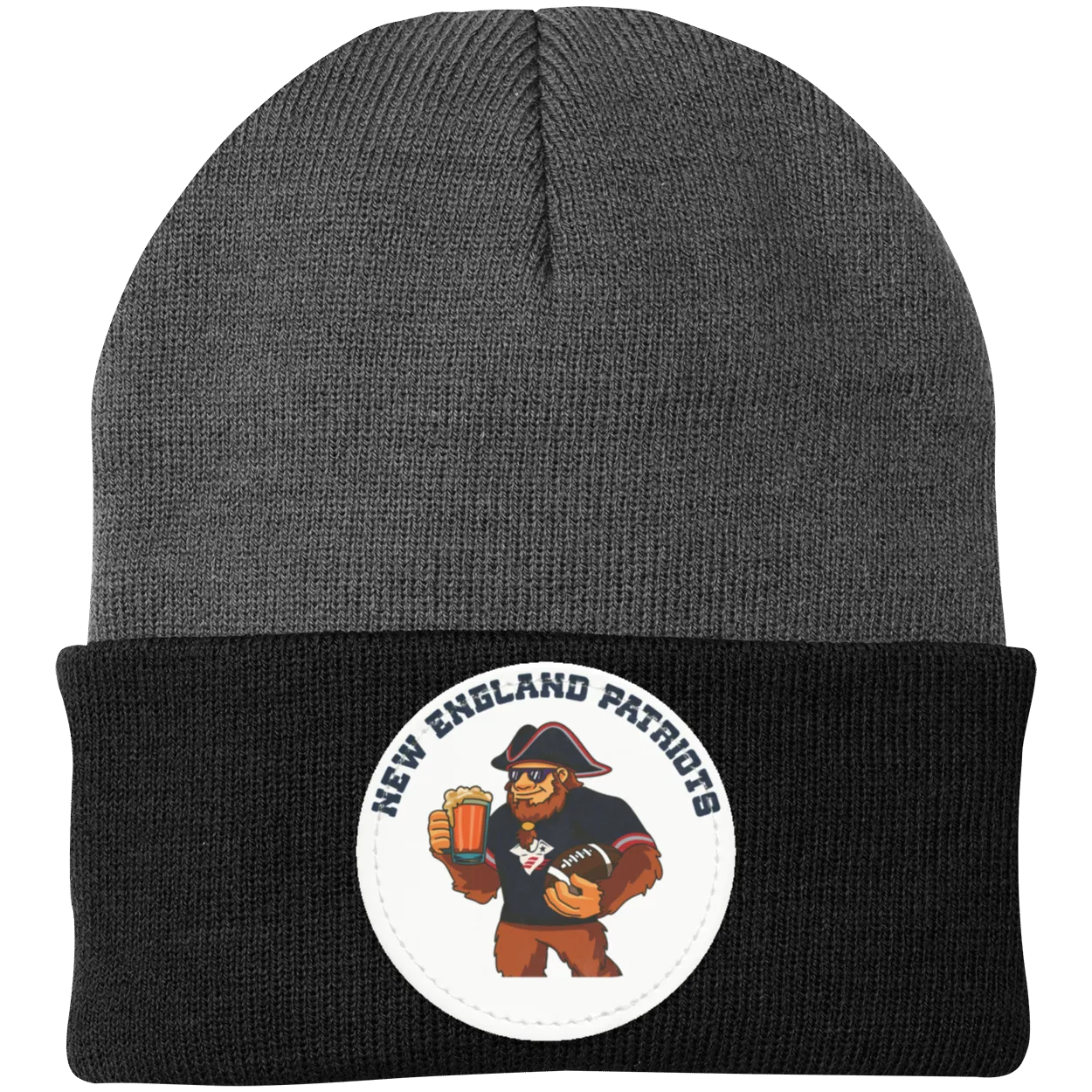 New England Patriots silver knit beanie Sasquatch Sunday graphic