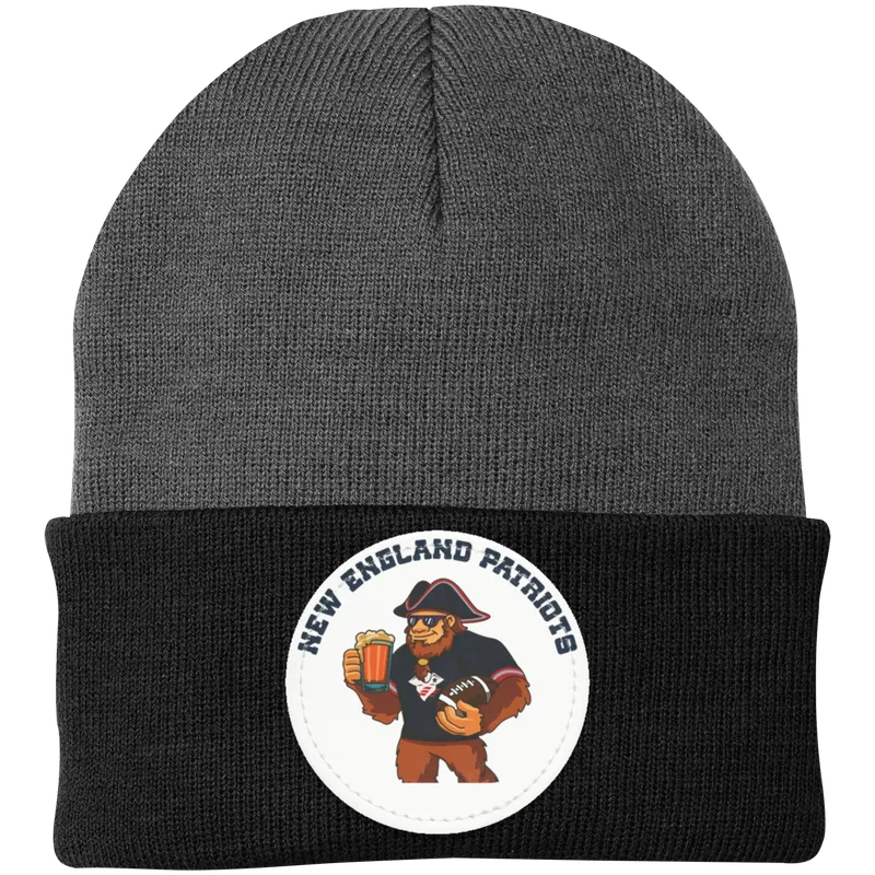 New England Patriots silver knit beanie Sasquatch Sunday graphic