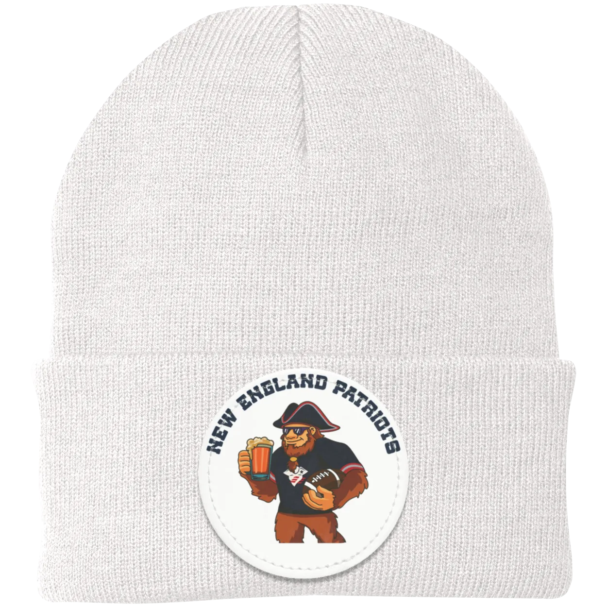 New England Patriots white knit beanie Sasquatch Sunday graphic