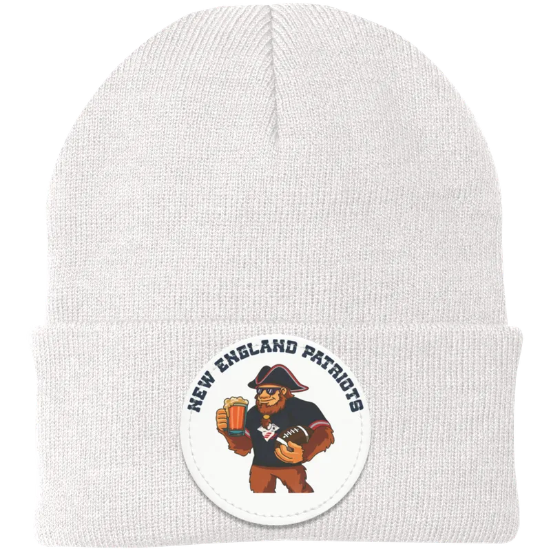 New England Patriots white knit beanie Sasquatch Sunday graphic