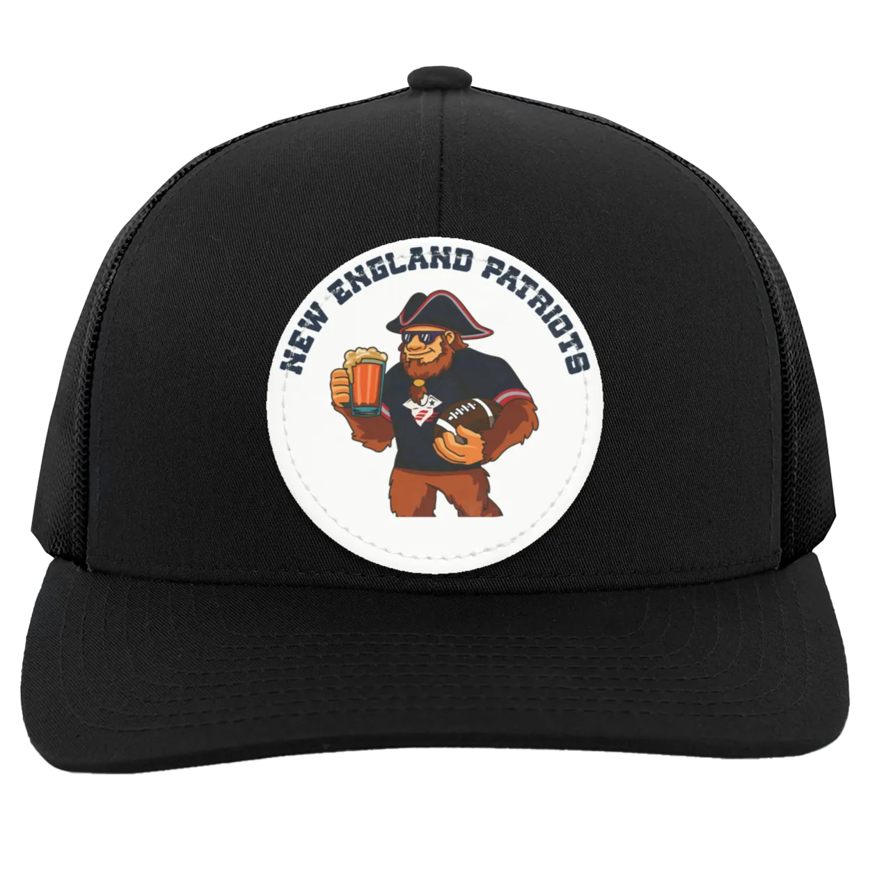 New England Patriots black and white trucker snap-back Sasquatch Sunday graphic vegan patch