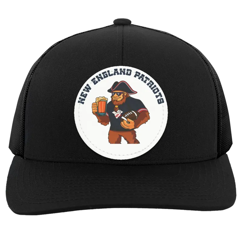 New England Patriots black and white trucker snap-back Sasquatch Sunday graphic vegan patch