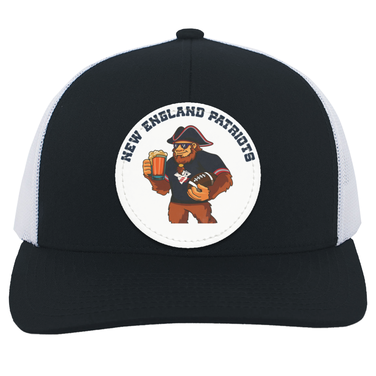 New England Patriots blue and white trucker snap-back Sasquatch Sunday graphic vegan patch