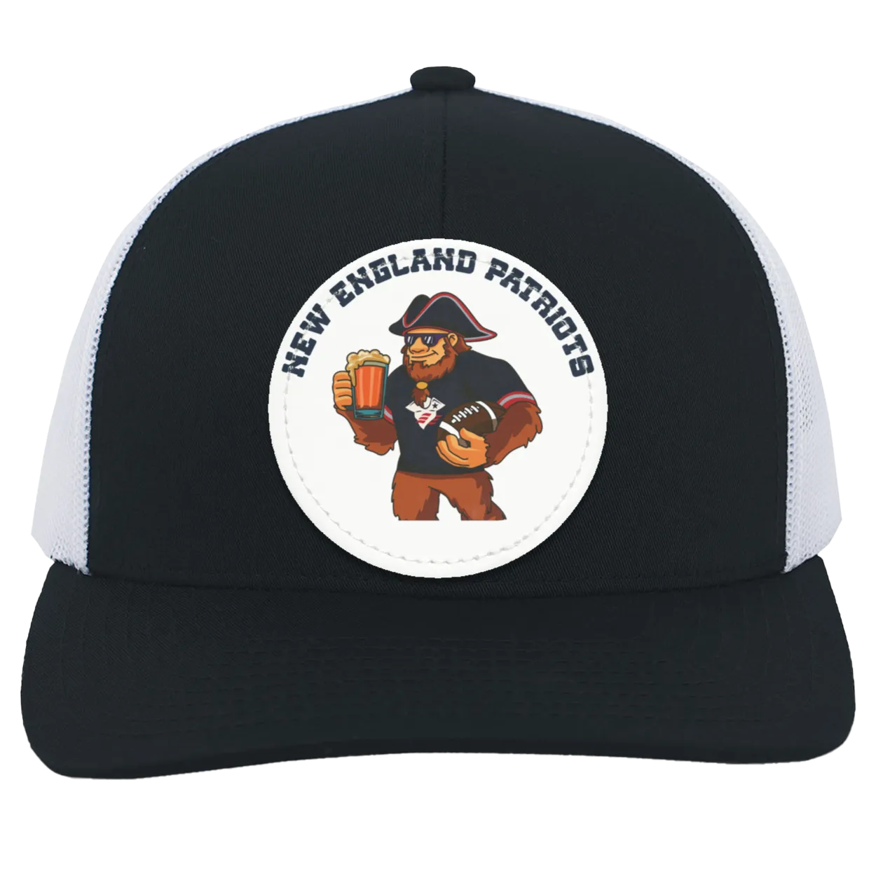 New England Patriots blue and white trucker snap-back Sasquatch Sunday graphic vegan patch