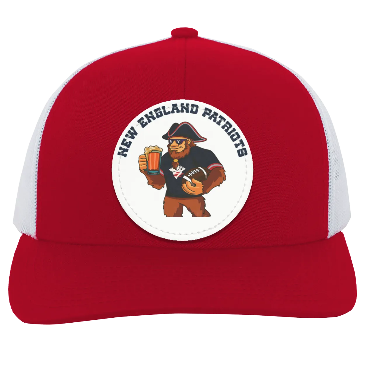 New England Patriots red and white trucker snap-back Sasquatch Sunday graphic vegan patch