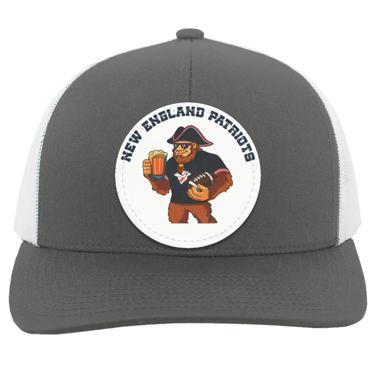 New England Patriots silver and white trucker snap-back Sasquatch Sunday graphic vegan patch