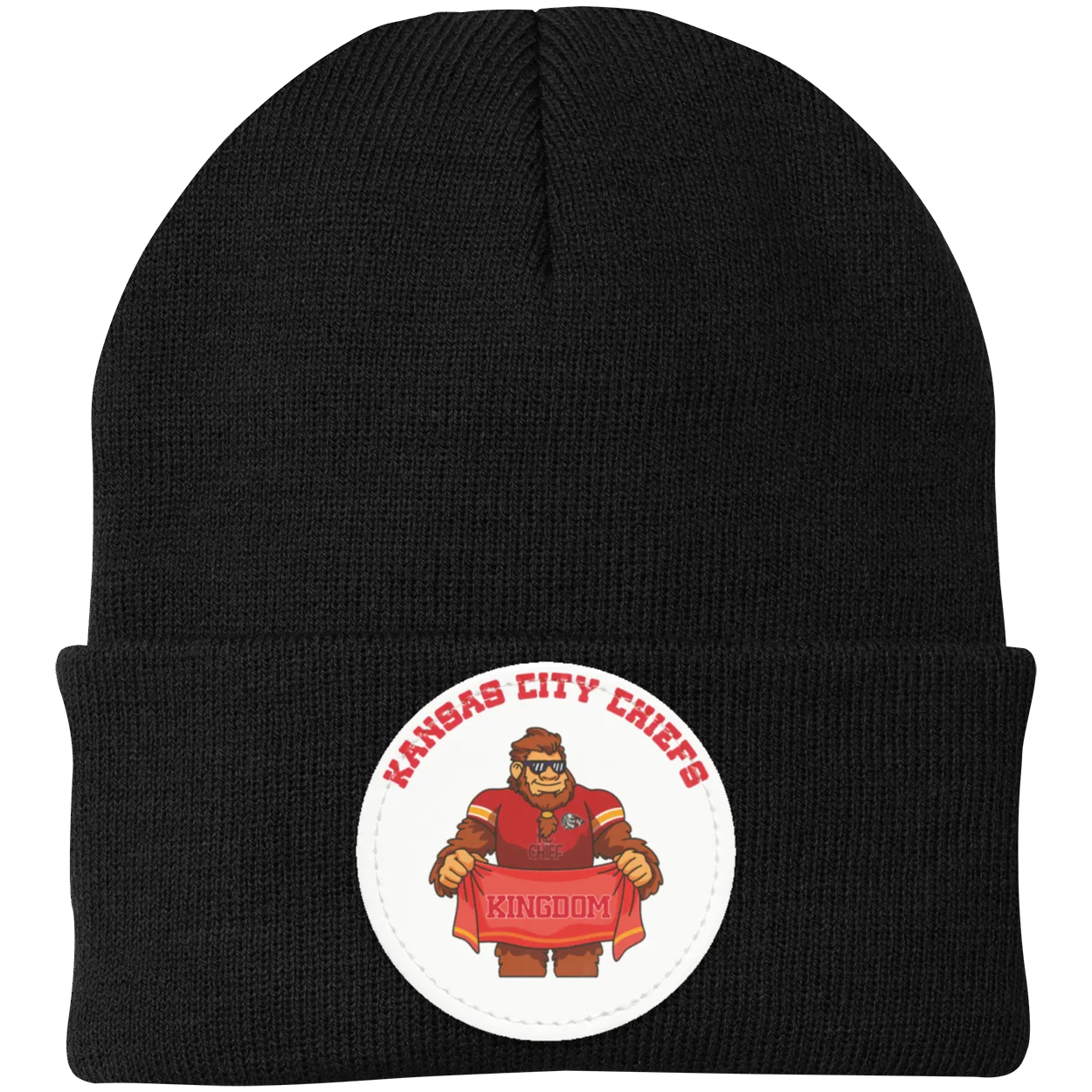 Kansas City Chiefs black knit beanie Sasquatch Sunday graphic