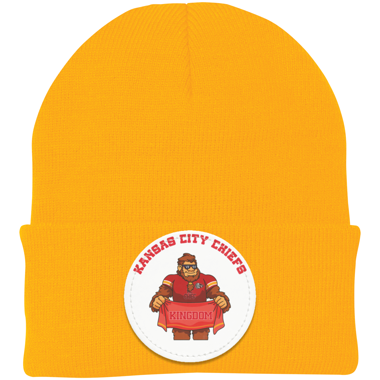 Kansas City Chiefs gold knit beanie Sasquatch Sunday graphic