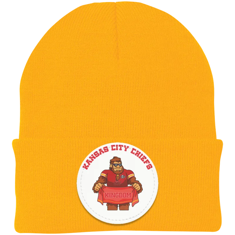Kansas City Chiefs gold knit beanie Sasquatch Sunday graphic