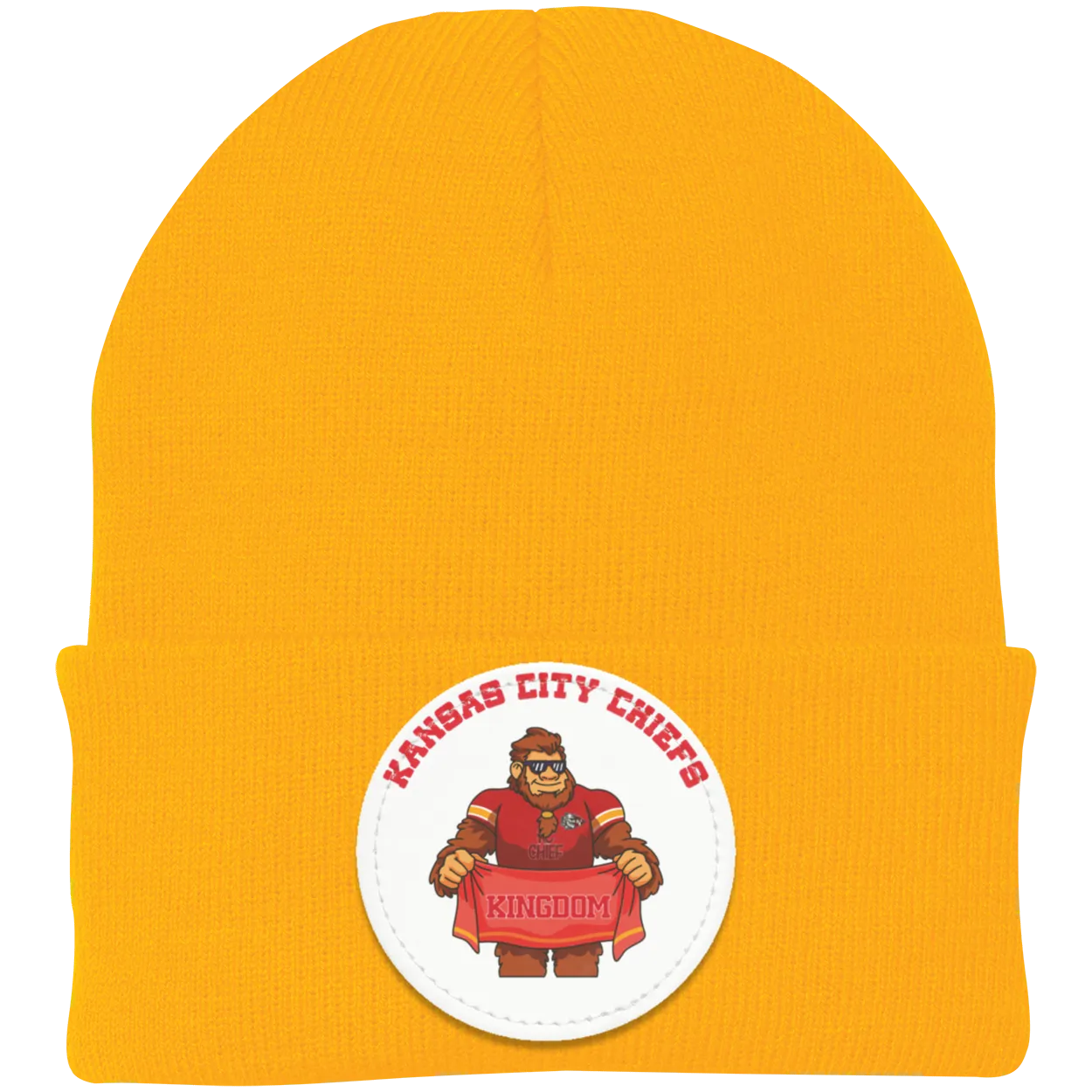 Kansas City Chiefs gold knit beanie Sasquatch Sunday graphic