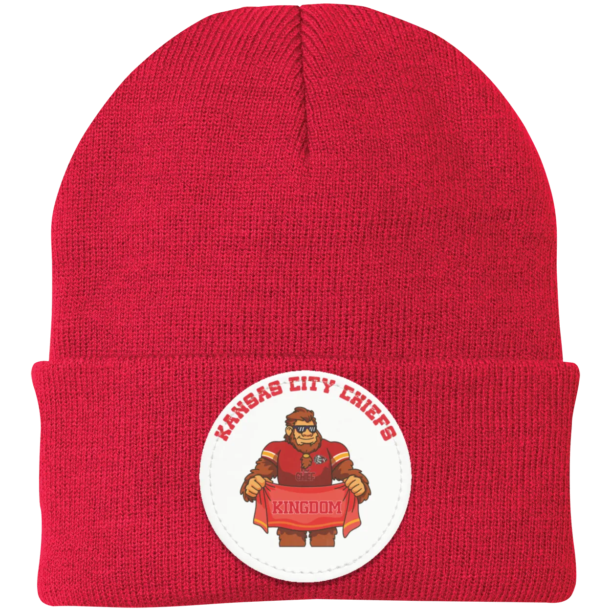 Kansas City Chiefs red knit beanie Sasquatch Sunday graphic