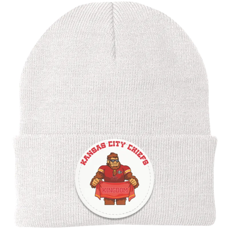 Kansas City Chiefs white knit beanie Sasquatch Sunday graphic