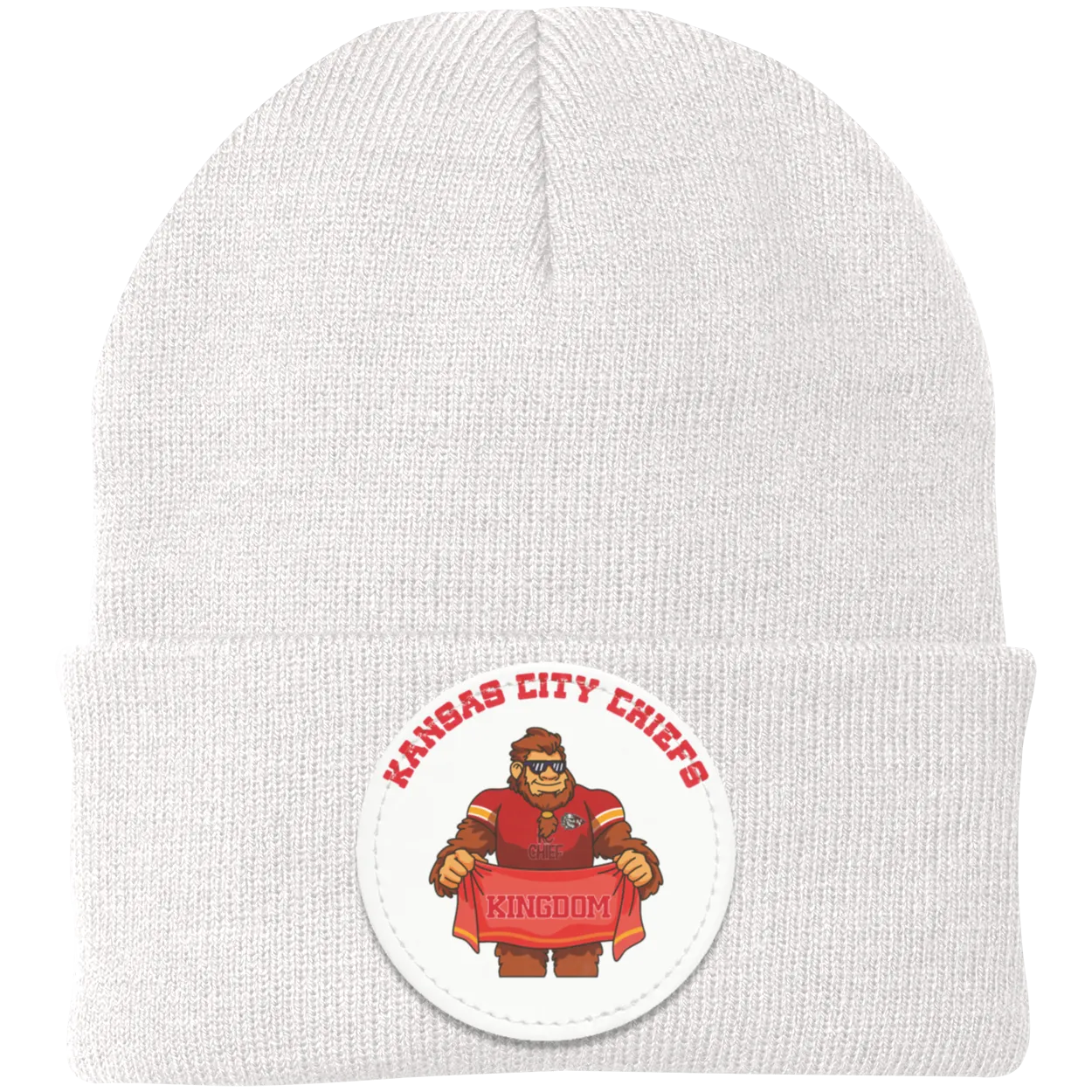 Kansas City Chiefs white knit beanie Sasquatch Sunday graphic