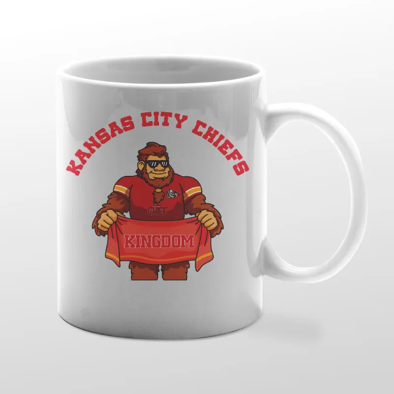White mug with Chiefs Bigfoot graphic