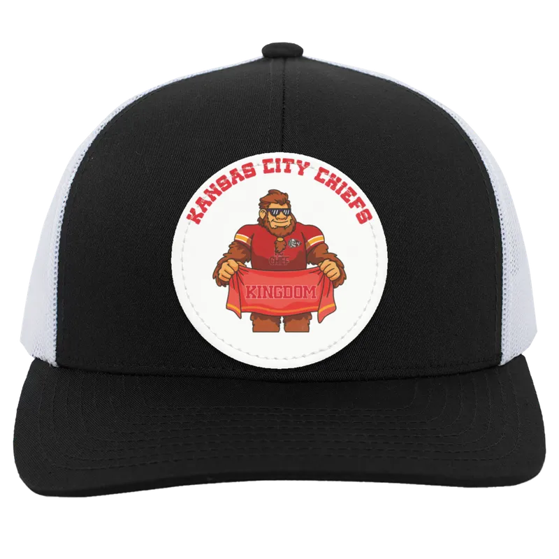 Kansas City Chiefs black trucker snap-back Sasquatch Sunday graphic vegan patch