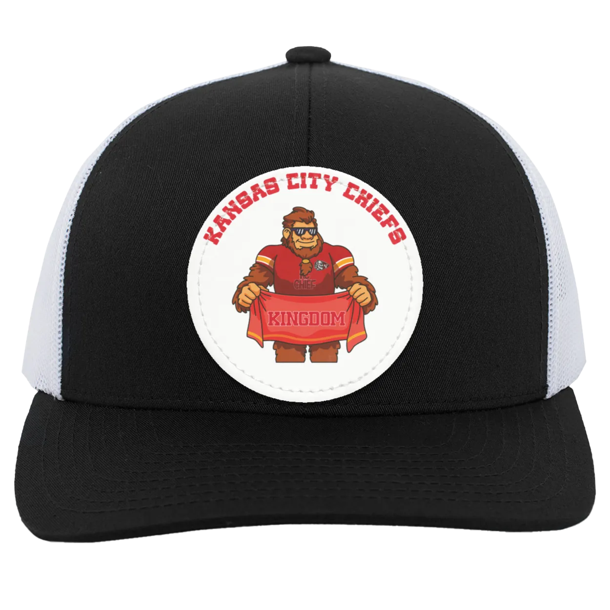 Kansas City Chiefs black trucker snap-back Sasquatch Sunday graphic vegan patch