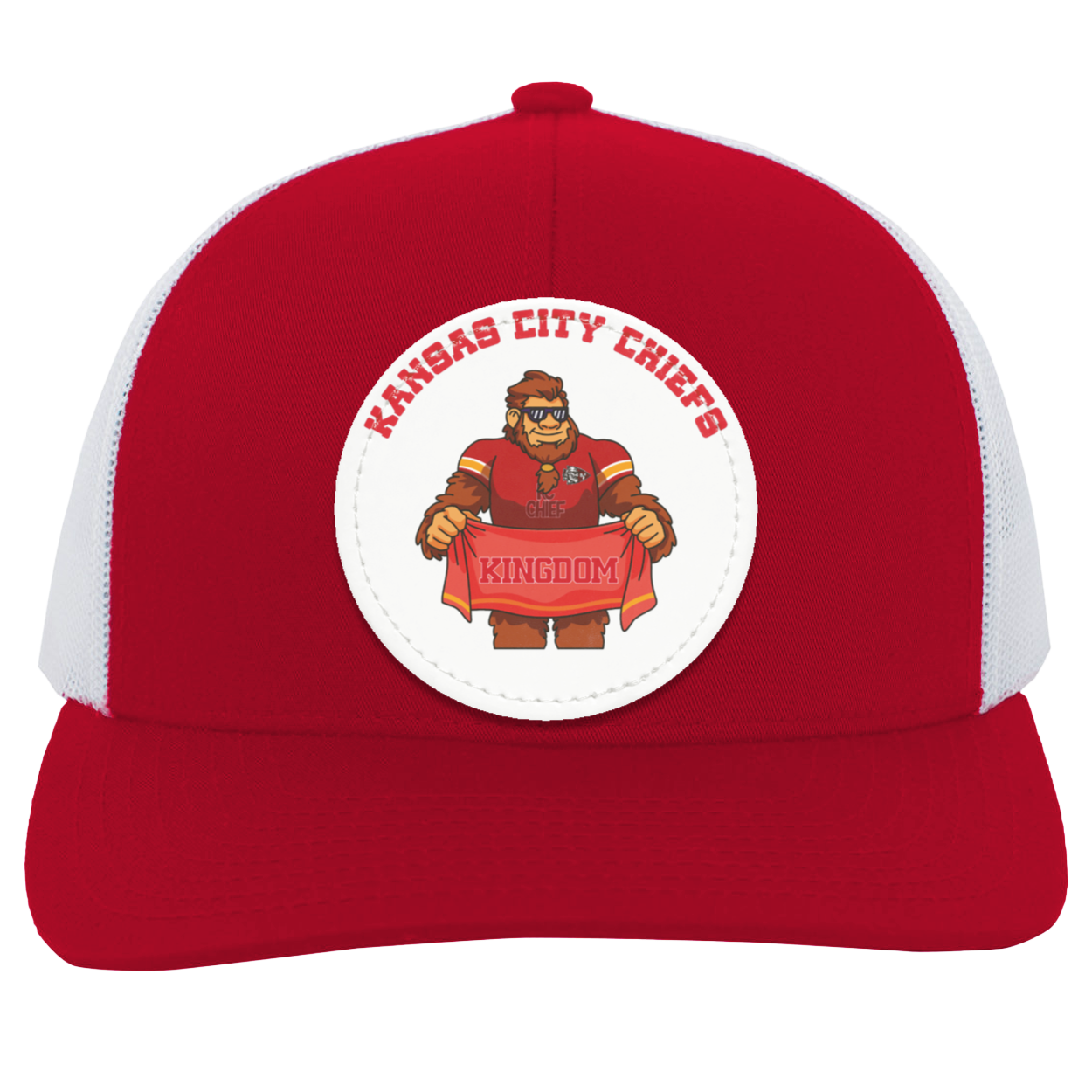 Kansas City Chiefs red and white trucker snap-back Sasquatch Sunday graphic vegan patch
