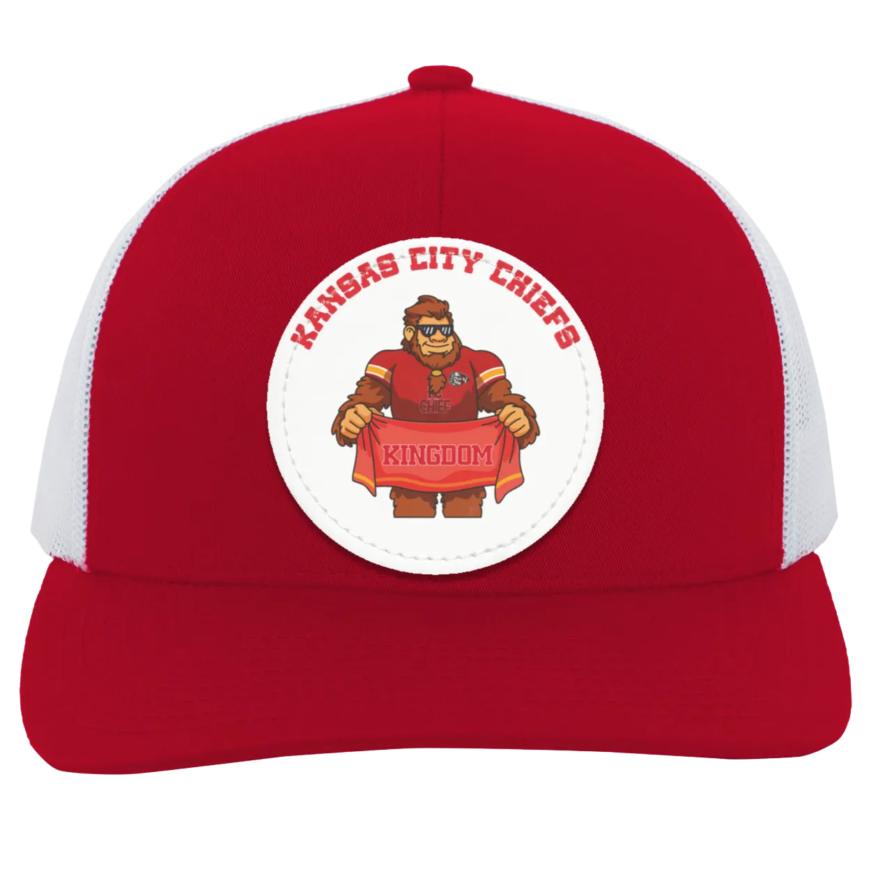 Kansas City Chiefs red and white trucker snap-back Sasquatch Sunday graphic vegan patch