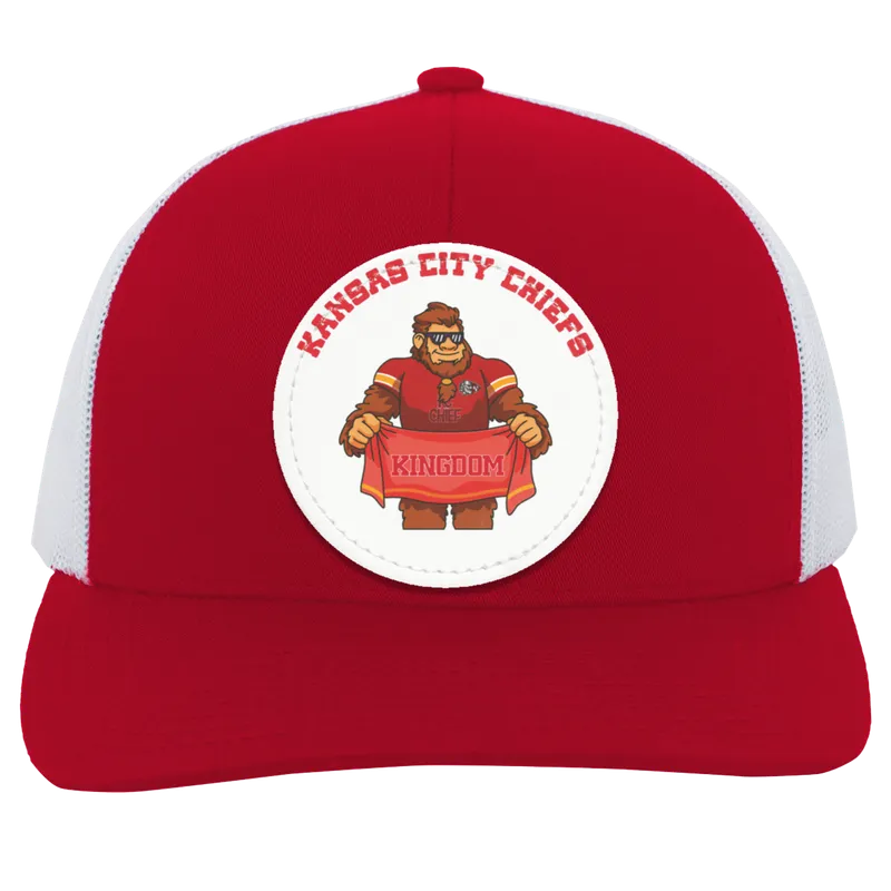 Kansas City Chiefs red and white trucker snap-back Sasquatch Sunday graphic vegan patch