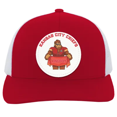 Kansas City Chiefs red and white trucker snap-back Sasquatch Sunday graphic vegan patch