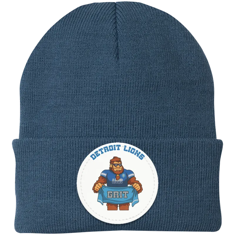 Detroit Lions blue knit beanie Sasquatch Sunday graphic