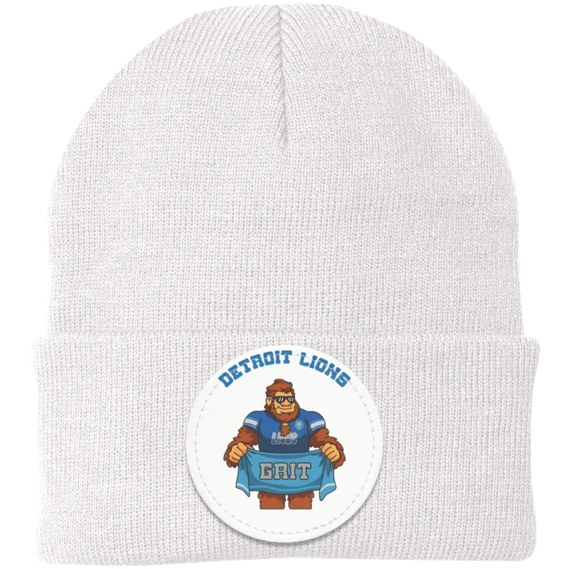 Detroit Lions white knit beanie Sasquatch Sunday graphic