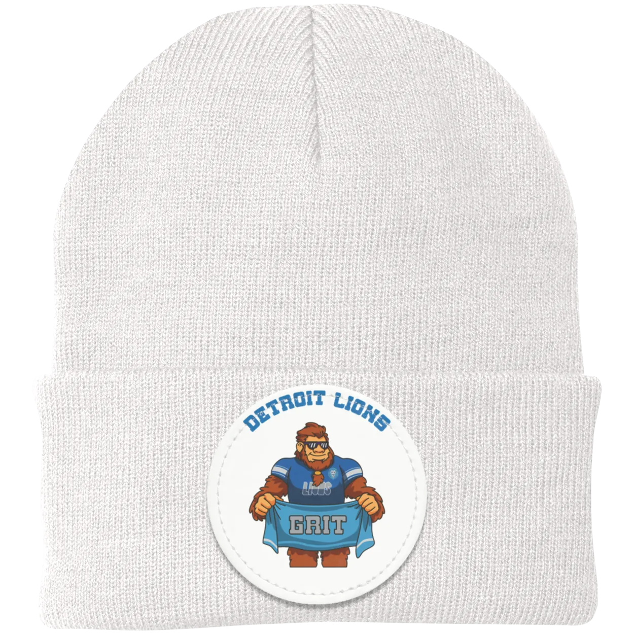 Detroit Lions white knit beanie Sasquatch Sunday graphic