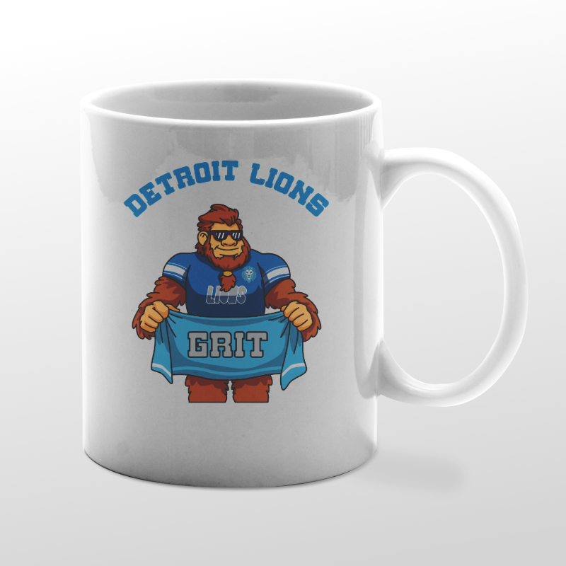 White mug with Lions Bigfoot graphic
