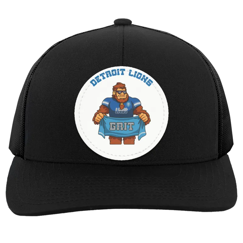 Detroit Lions black and white trucker snap-back Sasquatch Sunday graphic vegan patch