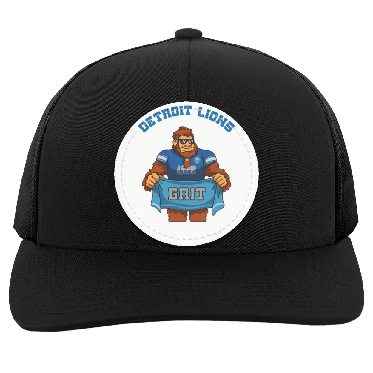 Detroit Lions black and white trucker snap-back Sasquatch Sunday graphic vegan patch