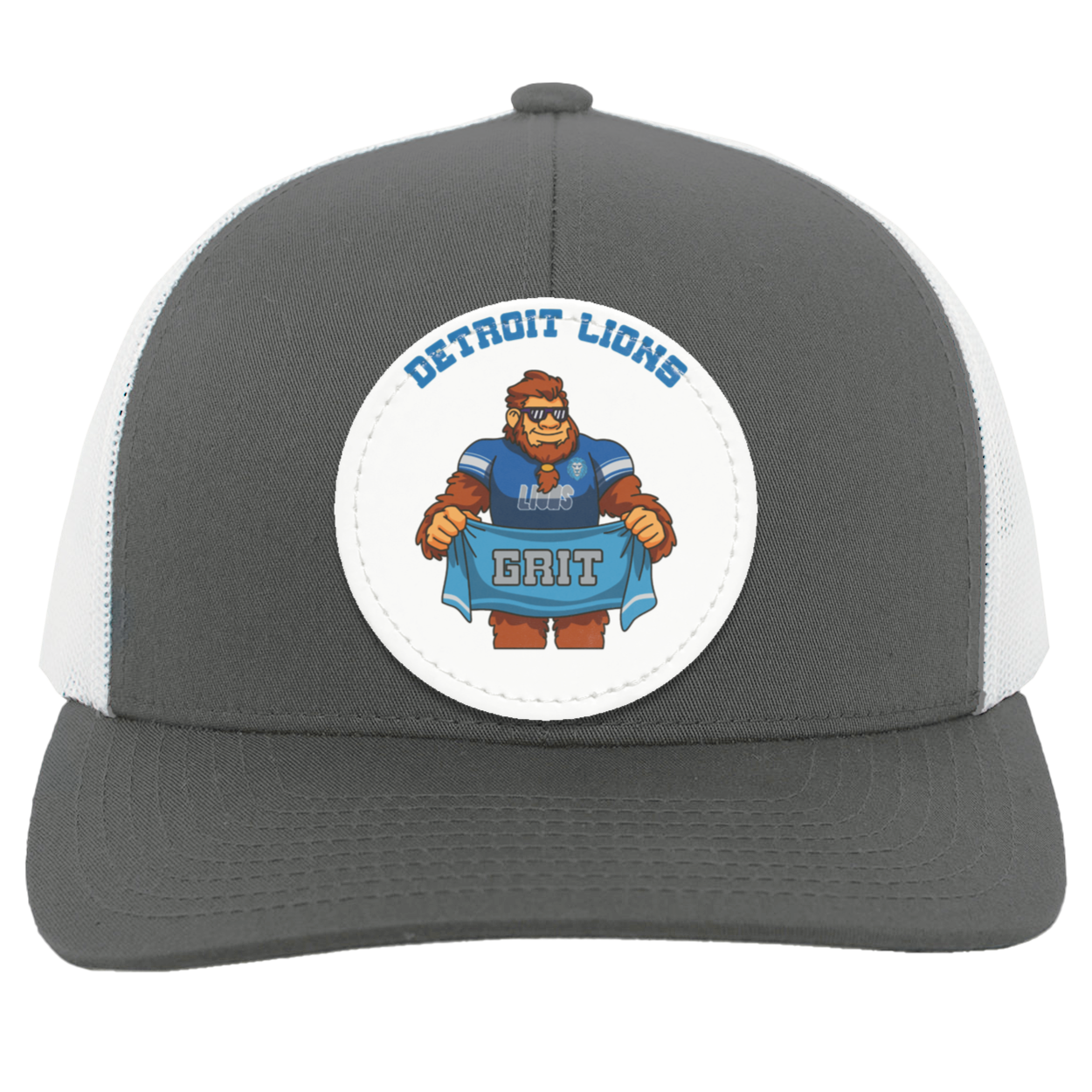 Detroit Lions silver and white trucker snap-back Sasquatch Sunday graphic vegan patch