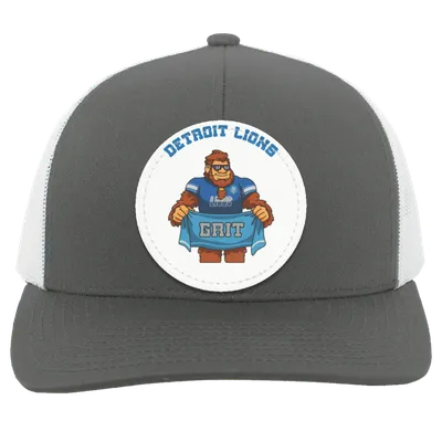 Detroit Lions silver and white trucker snap-back Sasquatch Sunday graphic vegan patch