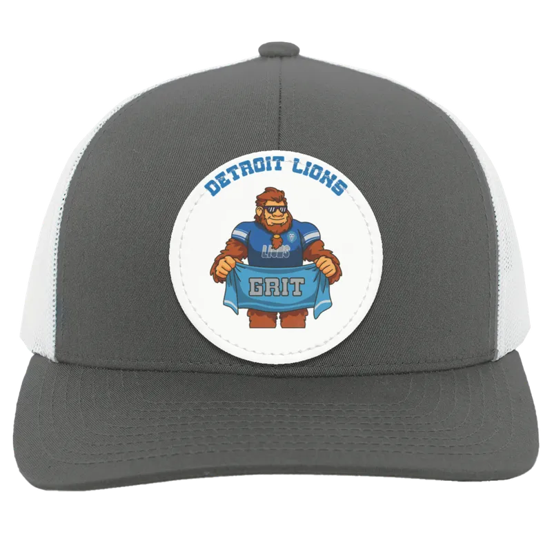 Detroit Lions silver and white trucker snap-back Sasquatch Sunday graphic vegan patch