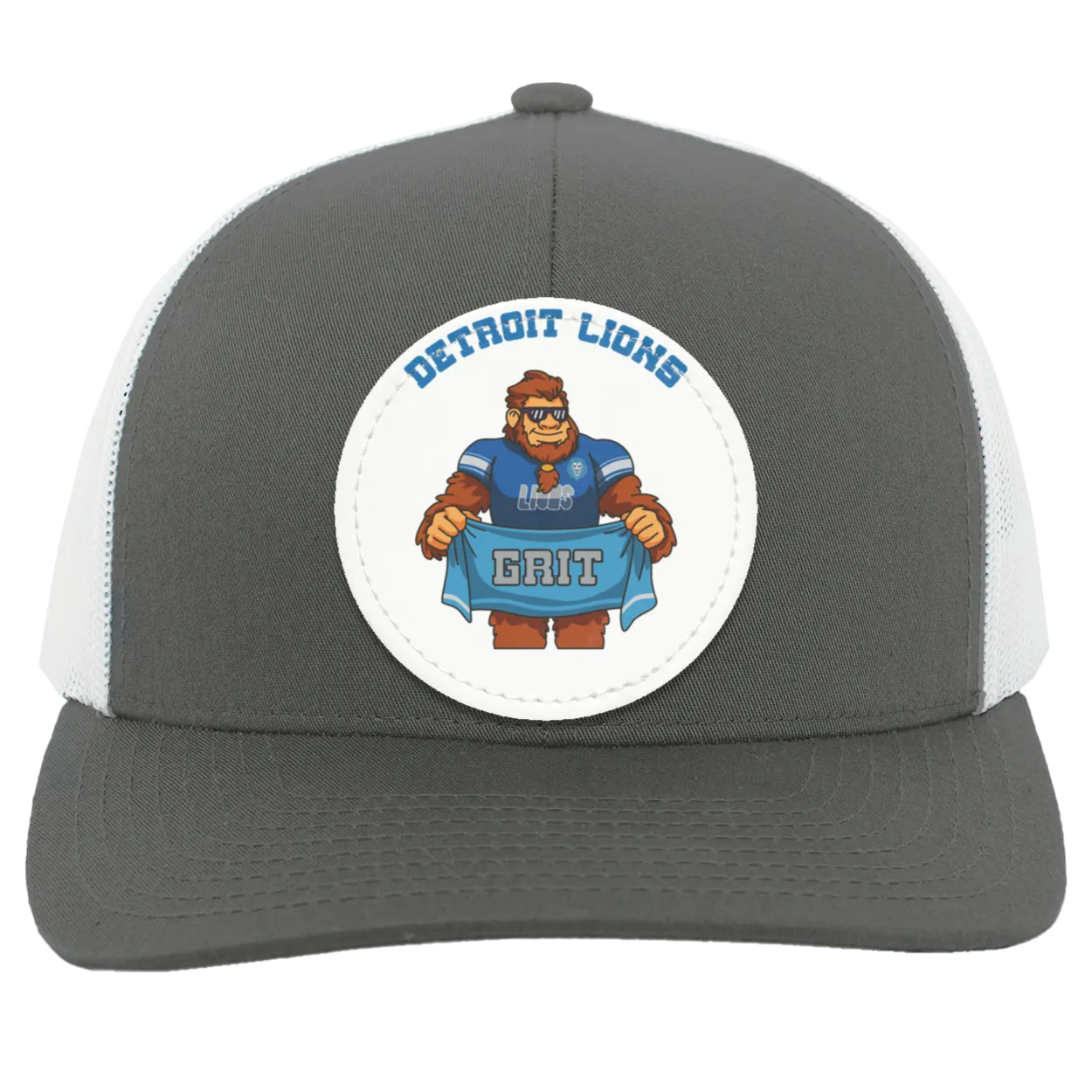 Detroit Lions silver and white trucker snap-back Sasquatch Sunday graphic vegan patch