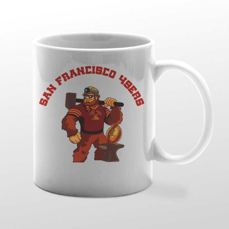 White mug with 49ers Bigfoot graphic