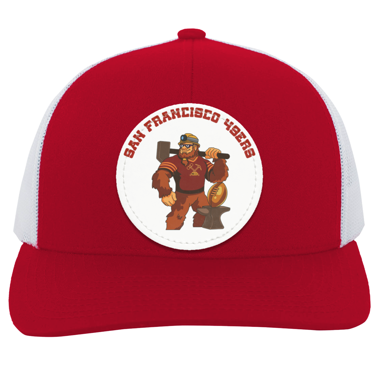 49ers red and white trucker snap-back Sasquatch Sunday graphic vegan patch