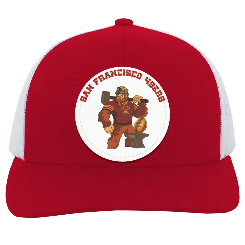 49ers red and white trucker snap-back Sasquatch Sunday graphic vegan patch