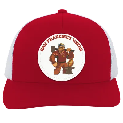 49ers red and white trucker snap-back Sasquatch Sunday graphic vegan patch